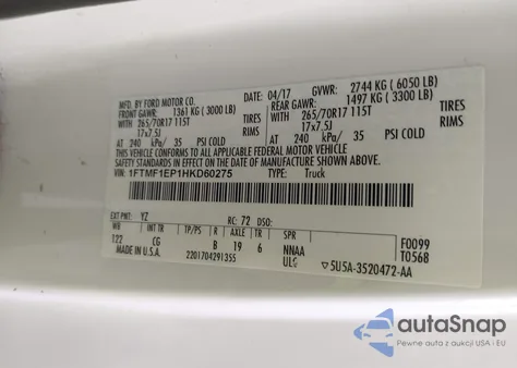 2017 Ford F-150 Xl из США, поврежденный, VIN 1FTMF1EP1HKD60275